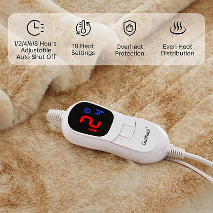 Guohaoi Heated Blanket Electric Throw, Soft Faux Rabbit Fur Electric Blanket with 10 Heating Levels 5 Sitting Timer Auto Off, Cozy Warm Heating Blankets, Machine Washable(62"×84" Beige)