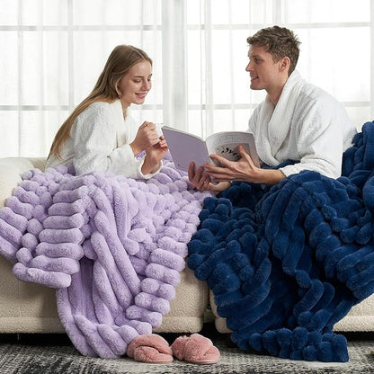 Cozy Bliss Faux Fur Throw Blanket for Couch, Cozy Warm Plush Striped Blanket for Sofa Bedroom Living Room, 50 * 60 Inches Lavender