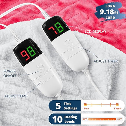 Heated Electric Blanket Queen Size - 84" x 90" Heating Blanket with Dual Control, 10 Heating Levels & 8 Hours Auto Off, Soft Warm Flannel Blanket, Christmas Birthday Gifts for Senior Grandma
