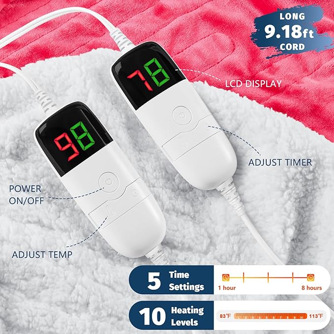 Heated Electric Blanket King Size - 90" x 100" Heating Blanket with Dual Control, 10 Heating Levels & 8 Hours Auto Off, Soft Warm Flannel Blanket, Christmas Birthday Gifts for Senior Grandma