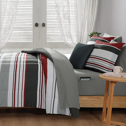 Monbix Full Size Comforter Set - 7 Pieces Bed in a Bag Full, Red and Black-Stripe Bedding Sets, All Seasons Comforter Bed Set with Sheets, Pillowcases & Shams