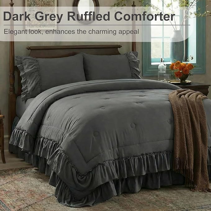Dark Grey Comforter Set King Boho Bedding Set Shabby Chic 2 Layers Ruffled Bedroom Home Decor Ultra Soft Microfiber Farmhouse Down Comforter Bohemian Quilt Set