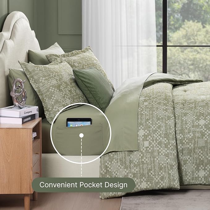 MaiRêve Full Size Comforter Set Olive Green, Crinkle Textured Design Bedding Set 7 Pieces Bed in A Bag, All Season Farmhouse Comforter Set with Sheets, Pillowcases & Shams