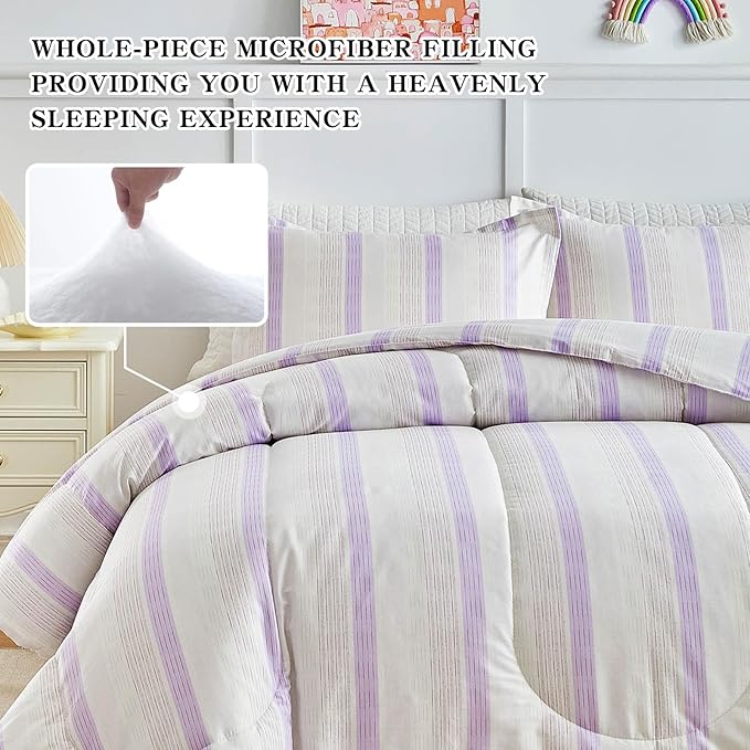 Joyreap 3pcs Cotton Comforter Set King, Purple Stripes Stylish Design, Soft Cozy Lightweight Bedding Comforter Set for All Seasons- 100x88 inches