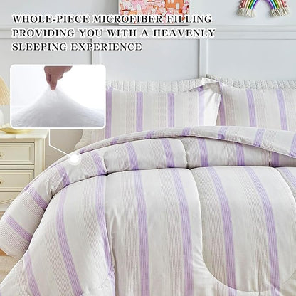 Joyreap 3pcs Cotton Comforter Set King, Purple Stripes Stylish Design, Soft Cozy Lightweight Bedding Comforter Set for All Seasons- 100x88 inches