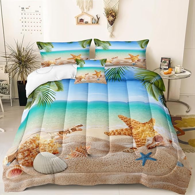 MOVE OVER 4 Pieces King Size Ocean Beach Bedding Set Coastal Bedding Set Starfish and Shells Pattern Ocean Comforter Set for Boys Girls and Teens Tropical Palm Tree Printed Beachy Comforter Set