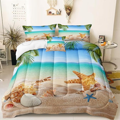 MOVE OVER 4 Pieces King Size Ocean Beach Bedding Set Coastal Bedding Set Starfish and Shells Pattern Ocean Comforter Set for Boys Girls and Teens Tropical Palm Tree Printed Beachy Comforter Set