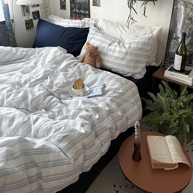 VM VOUGEMARKET Demin Blue Striped Comforter Set Full Ticking Stripe Neutral Farmhouse Bedding Set with 2 Pillowcases Lightweight Luxury Comforter for Boys Men