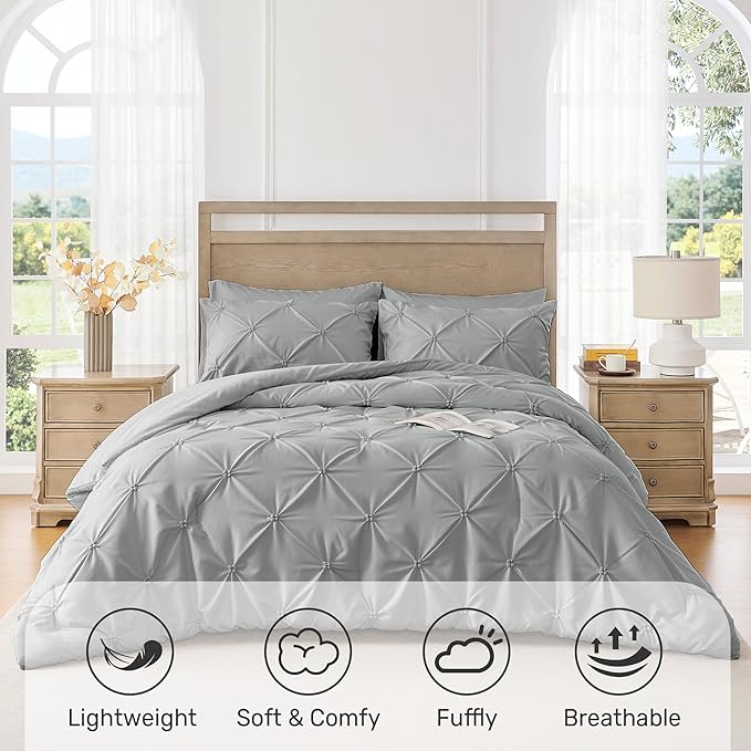 UNIKOME Queen Comforter Set Gray/Light Gray - Ultra Soft Boho Pintuck Down Alternative Bedding Set for All Seasons, 3 Pieces Lightweight Warm Pinch Pleat Bed Set with Comforter, 2 Pillowcases