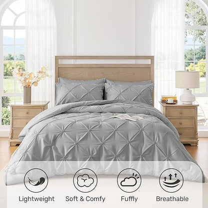 UNIKOME Queen Comforter Set Gray/Light Gray - Ultra Soft Boho Pintuck Down Alternative Bedding Set for All Seasons, 3 Pieces Lightweight Warm Pinch Pleat Bed Set with Comforter, 2 Pillowcases