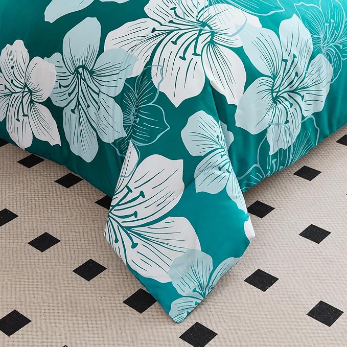 Menghomeus King Comforter Set Gradient Teal Bedding Floral Comforter Sets - Soft Microfiber Bed Comforter Set for All Season, 3 Piece Botanical Flowers Comforter, Pillowcases
