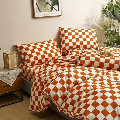 CLOTHKNOW Orange Plaid King Size Comforter Set Grid Bedding Comforter Sets Soft Lightweight Caramel Comforter King Checker Comforter