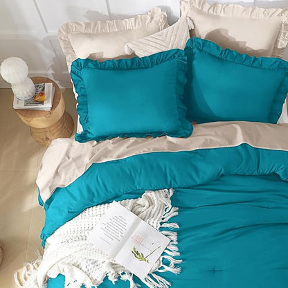 Andency Turquoise Comforter Set Twin Size, 2 Pieces Shabby Chic Ruffle Bed Comforter Set for Kids Boys Girls, All Season Soft Lightweight Solid Down Alternative Bedding Set