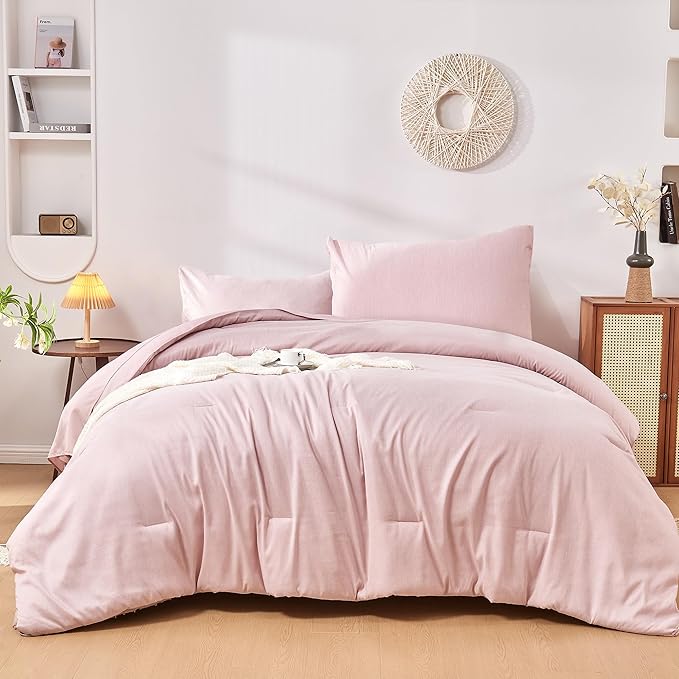 DECMAY Twin Comforter Set with Sheets, 5 Pieces Pink Twin Comforter Set, Cationic Dyeing Bed in a Bag Bedding Set with Comforter, Flat Sheet, Fitted Sheet, Pillowcase and Pillow Sham (Twin, Pink) | twin comforter set, twin bedding set, twin bed set