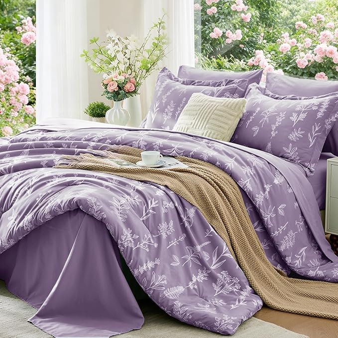 MUXHOMO Grayish Purple Bed in a Bag Queen 7 Pieces, Queen Comforter Set Reversible Botanical Flowers Design, Ultra Soft & Breathable Bedding Sets with Comforter, Sheets, Pillowcases & Shams