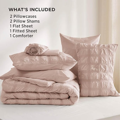 Bedsure Bed in a Bag Queen - 7 Pieces Plaid Seersucker Bedding Comforter Sets, Soft Lightweight Rose Dust Boho Bed Set with Comforters Queen Size, Sheets, Pillowcases & Shams