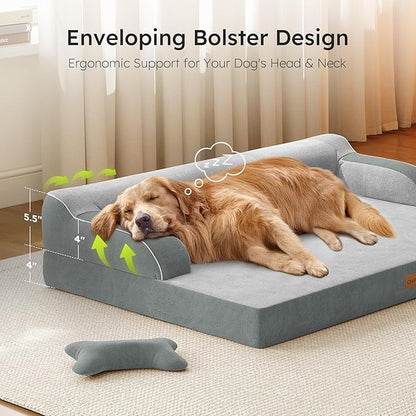 XL Plus Orthopedic Dog Bed, Big Dog Bed for Large Sized Dogs, Dual-Sided Pet Cooling Beds with Memory Foam Washable Cover Nonslip Bottom, Waterproof Pet Couch with Bolster, Light Grey