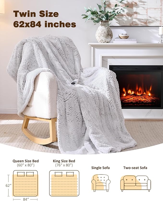 Electric Blanket Heated Twin 62"x84", Bed Blanket Clearance with 9 Heat Levels & 1-10H Timer, Silky Faux Fur, Fluffy Cozy Machine Washable Bedding, Gifts for Mom Dad (Brushed White)
