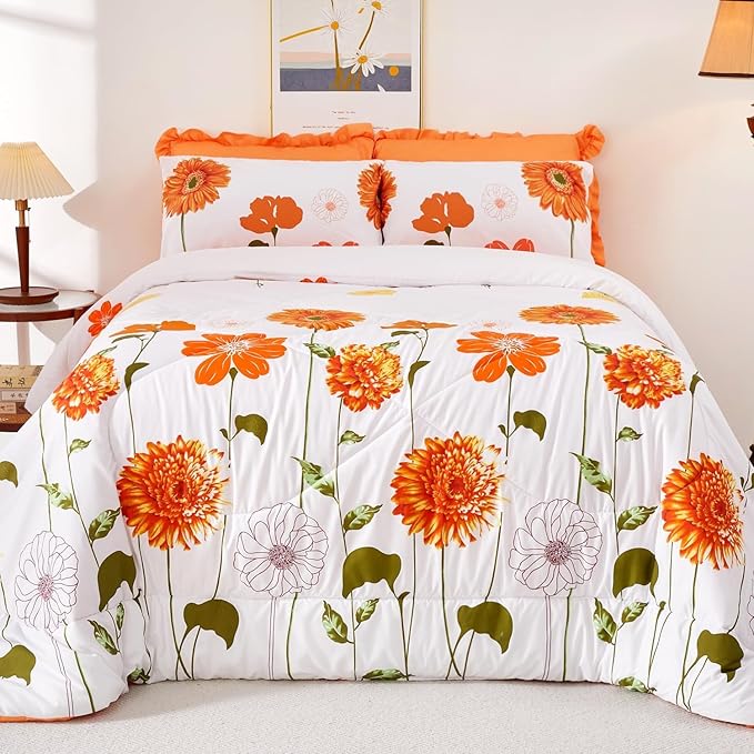EVENHUG King Comforter Set 7 Pieces Lightweight Soft King Size Comforters for All Season Orange Sunflower Floral Bedding Sets Bed in a Bag with Flat Sheet and Fitted Sheet Pillowcases