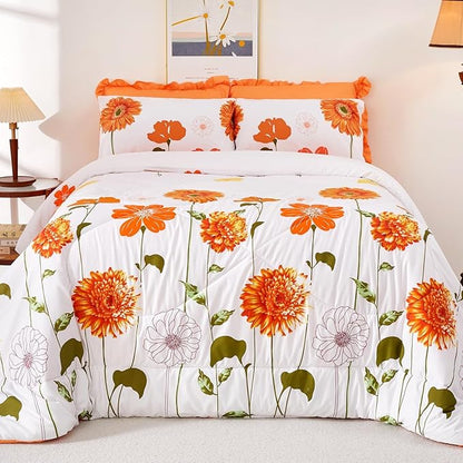 EVENHUG King Comforter Set 7 Pieces Lightweight Soft King Size Comforters for All Season Orange Sunflower Floral Bedding Sets Bed in a Bag with Flat Sheet and Fitted Sheet Pillowcases