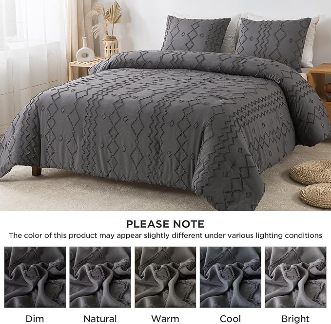 Andency Dark Gray Tufted Comforter Set Full(79x90Inch), 3 Pieces(1 Tufts Comforter, 2 Pillowcases) Boho Textured Farmhouse Bed, Microfiber Down Alternative Geometric Bedding Set