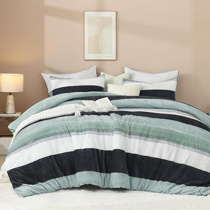 Litanika Fluffy Fleece Twin Comforter Set, Luxury Soft Plush Fuzzy Sage Green Stripe Bedding Comforter Sets, Warm Shaggy Faux Fur Bed Set All Season (1 Comforter, 1 Pillowcase)