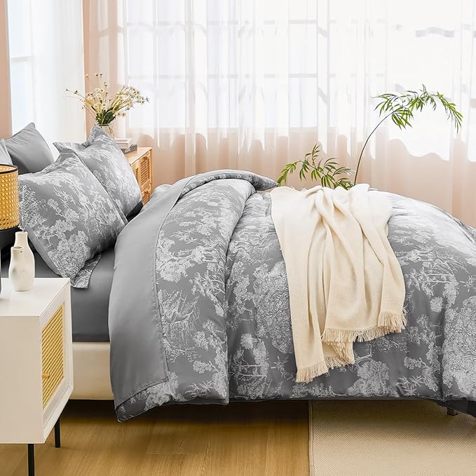 DJY Grey Comforter Set King, 7 Pieces Grey Botanical Comforters King Size Elegant Plants Print with Sheets Bed in a Bag Soft Microfiber Reversible Complete Bedding Sets for All Season