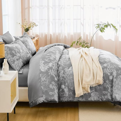 DJY Grey Comforter Set King, 7 Pieces Grey Botanical Comforters King Size Elegant Plants Print with Sheets Bed in a Bag Soft Microfiber Reversible Complete Bedding Sets for All Season