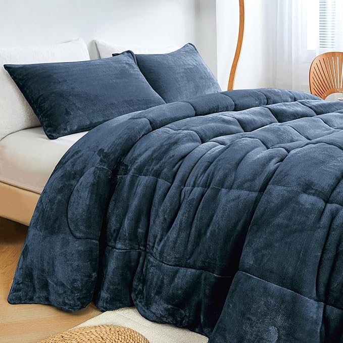 Faux Fur Comforter Set, Ultra Soft Warm Plush Velvet Comforter, Fluffy Fuzzy Fleece Bedding Comforter Sets for Fall Winter, No Shedding, 3PC, King Size, Blue