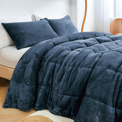 Faux Fur Comforter Set, Ultra Soft Warm Plush Velvet Comforter, Fluffy Fuzzy Fleece Bedding Comforter Sets for Fall Winter, No Shedding, 3PC, King Size, Blue