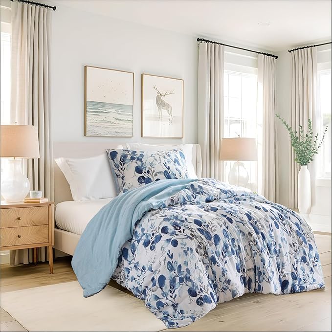 Lightweight Seersucker Botanical Twin Size Comforter Set, 2 Pieces Reversible Design Bed Comforter, Premium Microfiber Bedding Set, Comforter and Sham Set, Blue