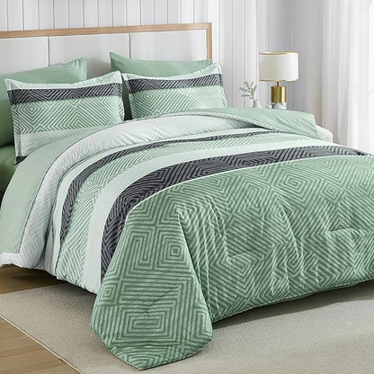 Drucon Sage Green Comforter Set Queen Size 7 Piece Bed in a Bag Boho Striped Bedding Set Soft Microfiber Comforter and Sheet Set for All Season (Queen, 90"x90")