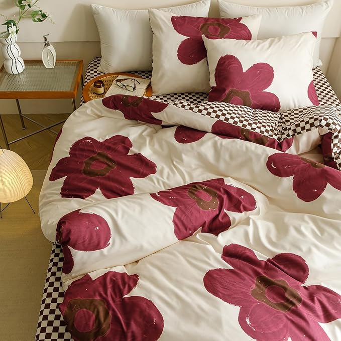 Cottonight Burgundy Sunflower Comforter Set - Wine Red King Size for Women and Girls - Dark Red Floral Bedding With Big Botanical Flowers - Cute Chic Soft Breathable Blanket Quilt