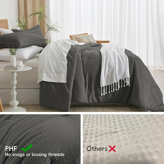 PHF Soft Waffle Comforter Set King Size- Comfy Breathable Waffle Weave Comforter with 2 Pillow Shams, 3 Pieces Less Snagging Lightweight Textured Bedding Set for All Season, Grey