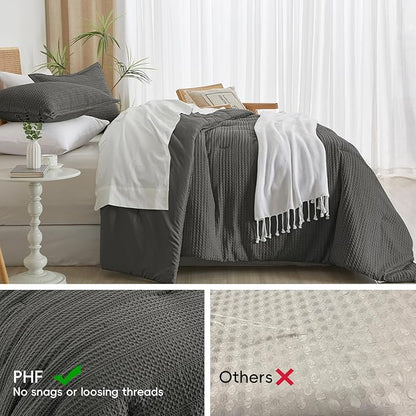 PHF Soft Waffle Comforter Set King Size- Comfy Breathable Waffle Weave Comforter with 2 Pillow Shams, 3 Pieces Less Snagging Lightweight Textured Bedding Set for All Season, Grey