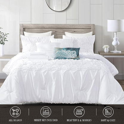 Elegant Comfort 12-Piece Bed-in-a-Bag, Ella Pleated Ruched Pintuck Comforter Set, 6-Piece Sheet Set Featuring Smart Pockets, Matching Decorative Pillows, All Season Bedding, California King, White