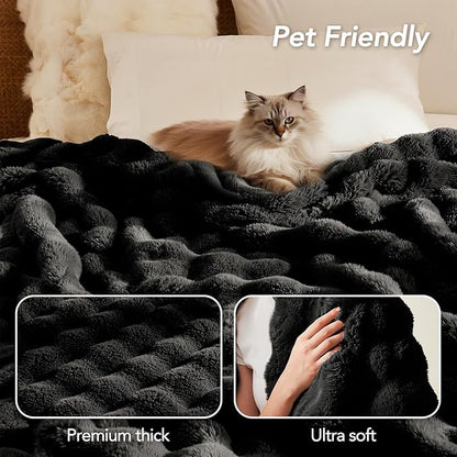 L'AGRATY Faux Rabbit Fur Blanket: 60" x 80" Twin Luxury Soft Fluffy Thick Fur Throw Blanket for Couch Bed Sofa - Cozy Plush Bubble Blankets for Winter: Flannel Fleece Decorative Blanket(Black)