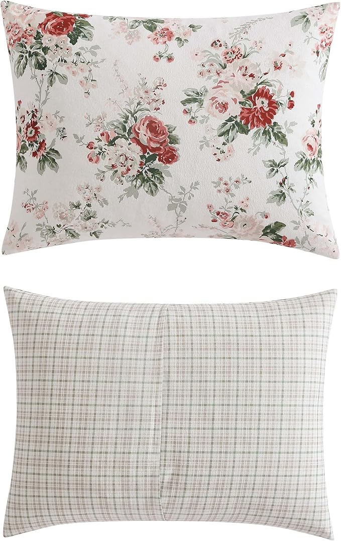Laura Ashley - Queen Comforter Set, Reversible Brushed Cotton Flannel Bedding with Matching Shams, Luxuriously Soft & Warm Home Decor (Ashfield Red, Queen)