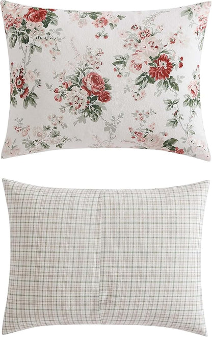 Laura Ashley - Queen Comforter Set, Reversible Brushed Cotton Flannel Bedding with Matching Shams, Luxuriously Soft & Warm Home Decor (Ashfield Red, Queen)