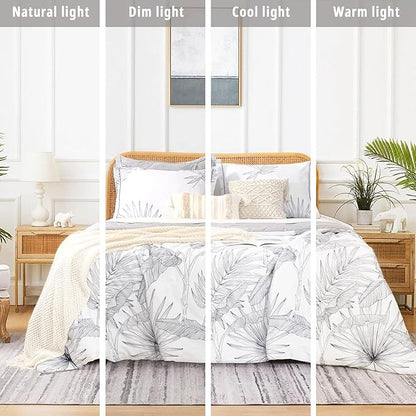 Botanical Cotton Comforter Queen Size - White Comforter with Delicate Black Leaves Patterns,Grey Reversible Lightweight Bedding Sets 3Pcs(Stripes)