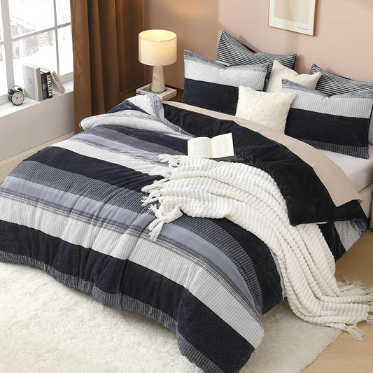 Litanika Fluffy Fleece Twin Comforter Set, Luxury Soft Plush Fuzzy Dark Grey Stripe Bedding Comforter Sets, Warm Shaggy Faux Fur Bed Set All Season (1 Comforter, 1 Pillowcase)