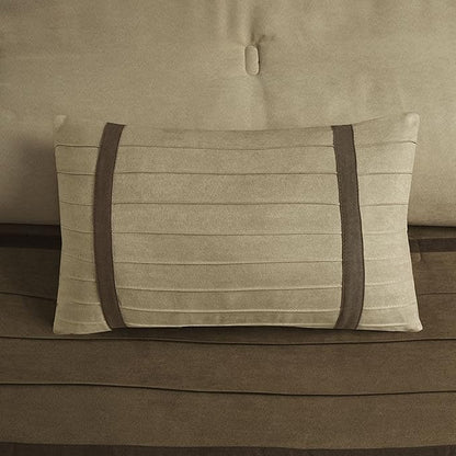 Madison Park Cozy Comforter Set-Luxury Faux Suede Design, Striped Accent, All Season Down Alternative Bedding, Matching Shams, Decorative Pillow, Natural, California King (104 in x 92 in)