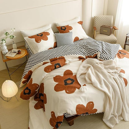 Cottonight Pumpkin Sunflower Comforter Set Brown Twin Teen Girls Beige and Brown Floral Bedding Comforter Set Botanical Flowers Blanket Quilts Soft Breathable Cute Comforter