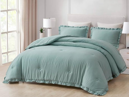 Chezmoi Collection Nora Aqua Comforter Set Full Size 3-Piece Fluffy Soft Lightweight Bedding Ruffled Edge Trim Stone-Washed Microfiber Comforter Set for All Season