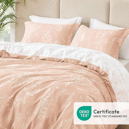 Love's cabin Pink Queen Comforter Set - Queen Size Comforter Set, 3 Pieces Cute Floral Bedding Sets for All Seasons,1 Soft Reversible Botanical Flowers Comforter and 2 Pillow Shams