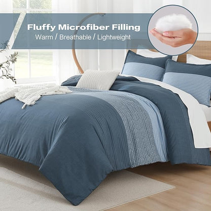 Litanika Haze Blue Comforter Set Super King - 3 Pieces Lightweight Dark Grey Colorblock Stripe Fluffy Bedding Comforter Sets, All Season Bed Set