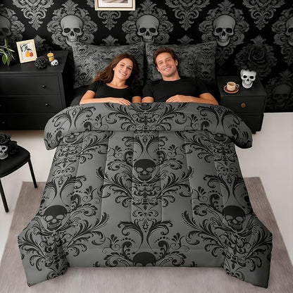 Erosebridal Gothic Damask Bed in a Bag King Size Comforter Set 7 Pieces,Sugar Skull Bedding Sets Black Grey Victorian Floral Goth Sheet Set with Comforter