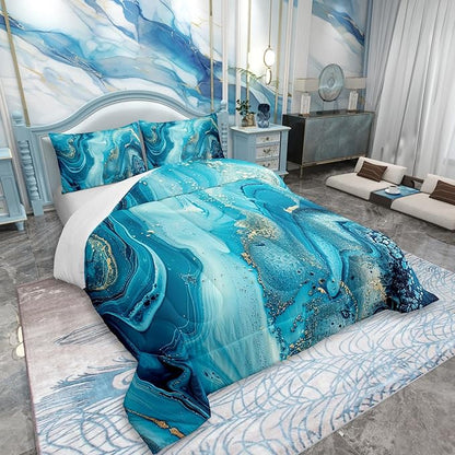 Erosebridal Marble Comforter Set,Teal Blue Marble Down Comforter Gold Liquid Quicksand Design Quilted Duvet,Turquoise Decorative 2 Piece Bedding Set with 1 Pillow Sham,Twin Size