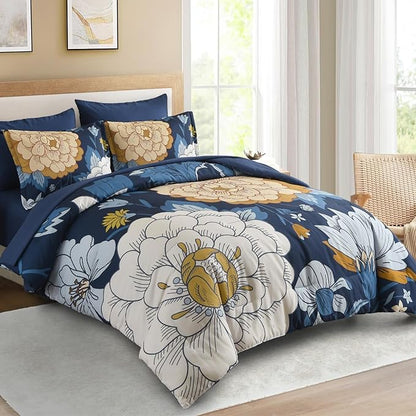 DJY Floral Comforter Set Queen Size Navy Blue Bed in a Bag 7 Pieces Botanical Boho Comforter with Sheet Set, Soft Microfiber Farmhouse Bedding Set for All Season (Navy, 90''x90'')