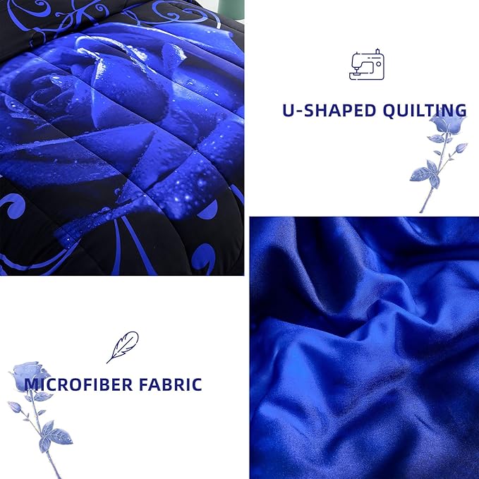 WONGS BEDDING Blue Comforter Set Queen 7 Pieces, Rose Pattern Bed in a Bag, Lightweight Soft Microfiber Bedding Sets with Comforter, Flat Sheet, Fitted Sheet, Pillowcases
